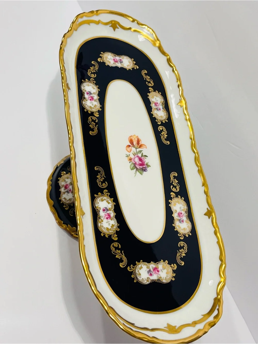 Vtg REICHENBACH Germany Echted Cobalt Baroque & 24K Gold Trim Pedestal Tray
